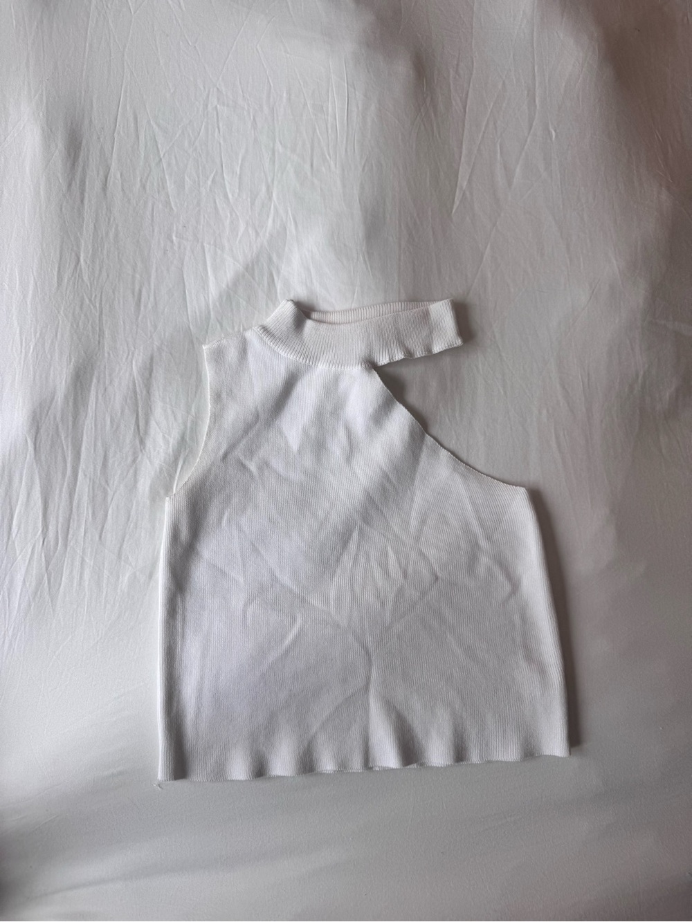 Sleeveless White Knit Asymmetric Tank with Mock Neck